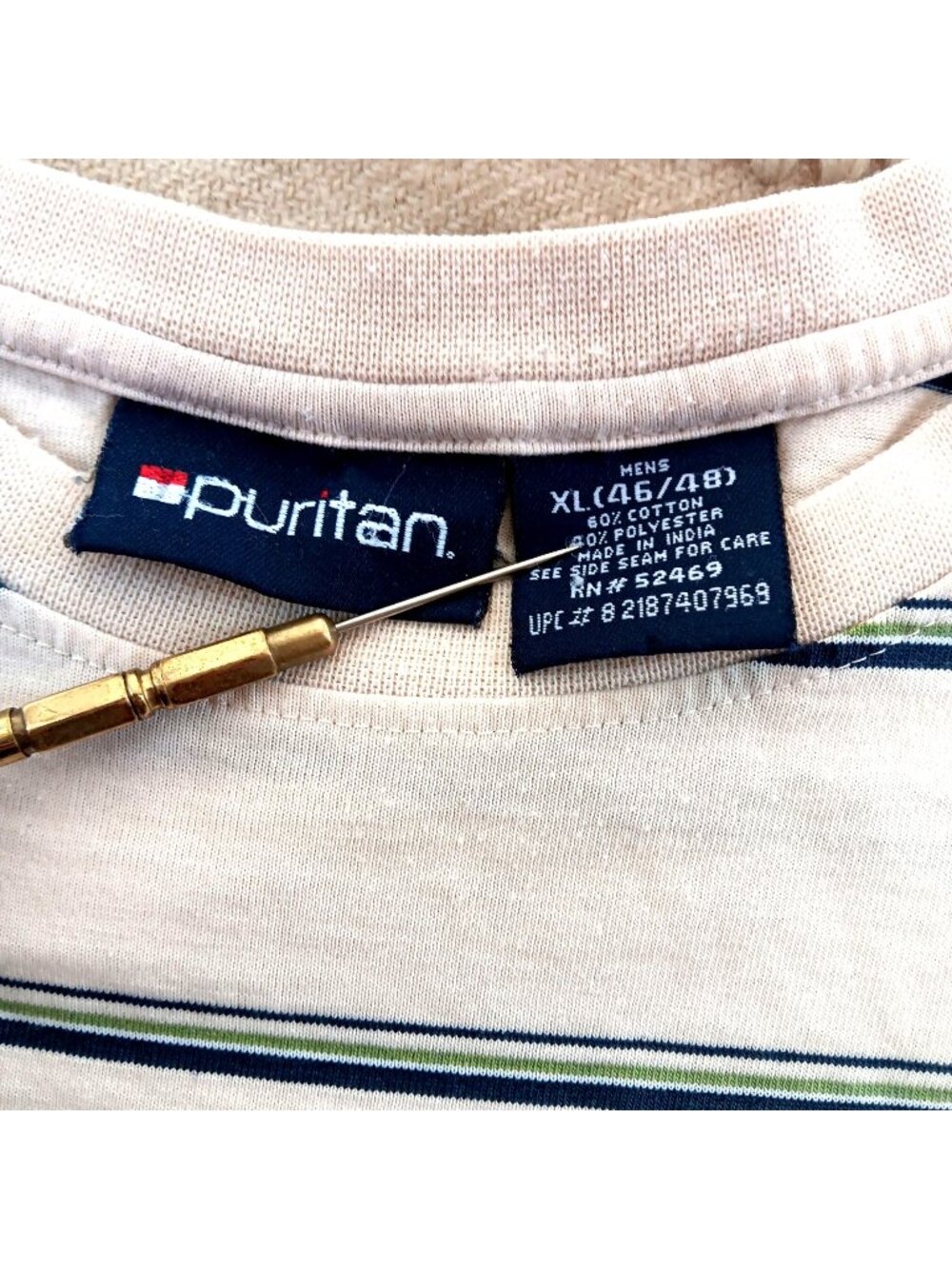XL True Grunge Vintage T-shirt Puritan 90's Mens Beige Striped Pocket Distress